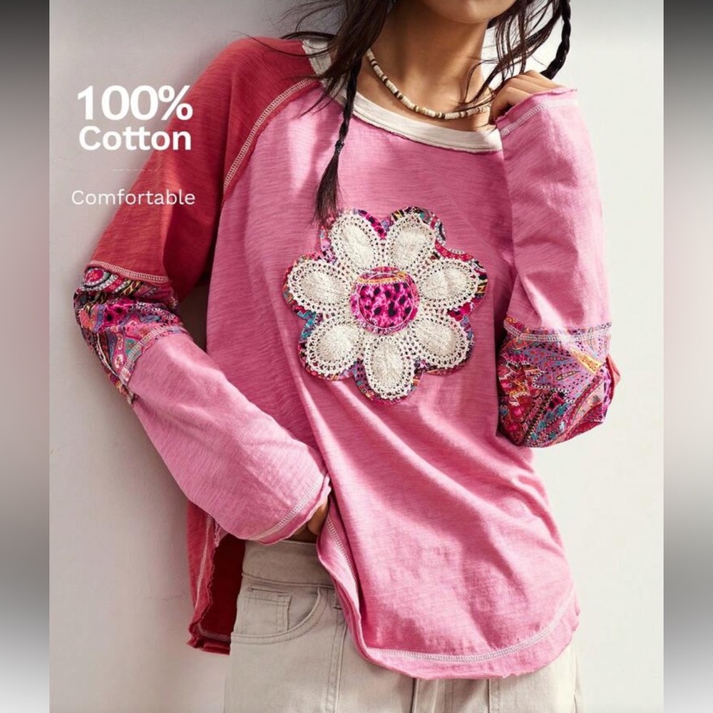 Plus Size Cotton Boho Patchwork Long Sleeve Loose Washed Graphic T-Shirt Pink